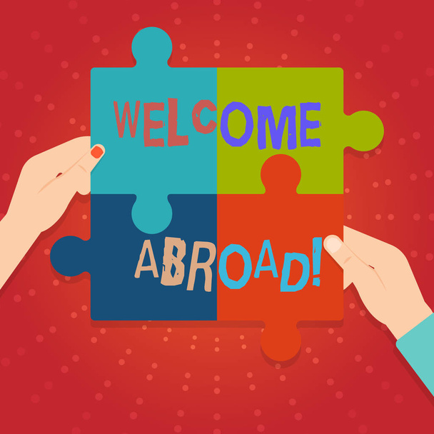 Text sign showing Welcome Abroad. Conceptual photo something that you say when someone gets on ship Four Blank Multi Color Jigsaw Puzzle Tile Pieces Put Together by Human Hands. - Photo, Image