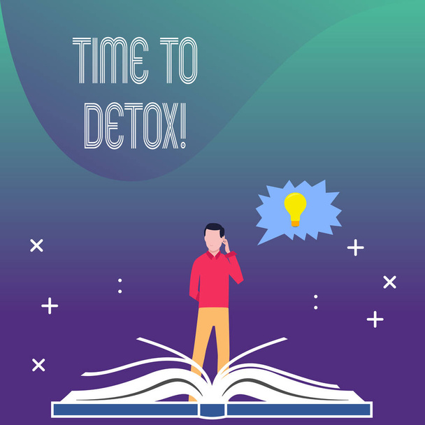 Detoxへの時間を示すメモを書く。毒素のあなたの体を浄化したり、薬を消費するのを止めるときのビジネス写真オープンブックの後ろに立つ男ギザギザのスピーチバブルと球根. - 写真・画像
