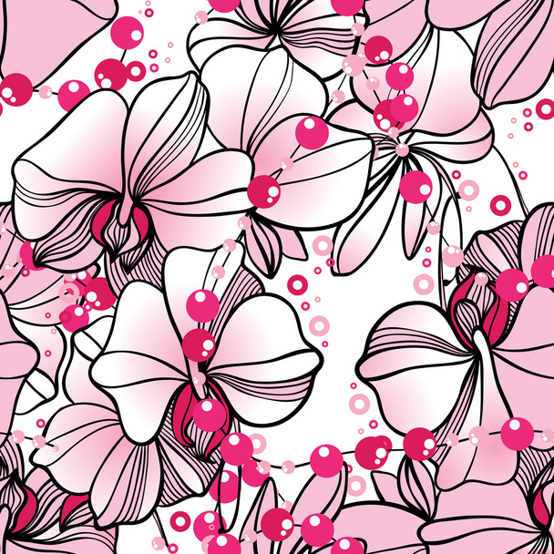 蘭の花とビーズ - シームレスなパターン - ベクター画像