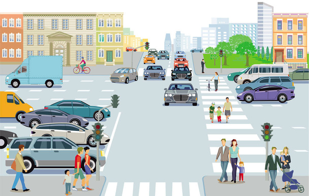 Дорожній рух з пішоходами та автомобілями на міській вулиці
 - Вектор, зображення