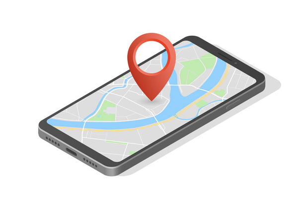 Şehir harita yol gezinti smartphone, telefon nokta işareti vektör çizim şema izometrik şehir planı Gps navigasyon tablet, güzergah hedef ok isometry kağıt şehir haritası - Vektör, Görsel