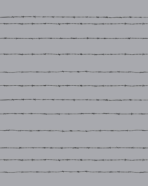灰色の背景にある有刺鉄線の黒いシルエット、シームレス - ベクター画像