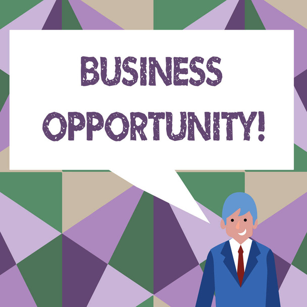 Writing note showing Business Opportunity. Business photo showcasing investment that allows the buyer to begin a business Businessman Smiling and Talking Blank Color Speech Bubble. - Photo, Image