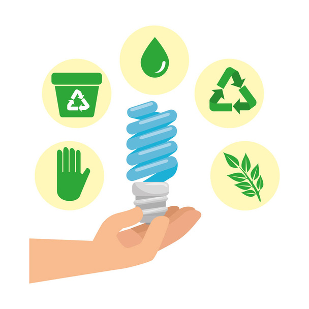 mano con bombilla ahorradora e iconos de ecología
 - Vector, imagen