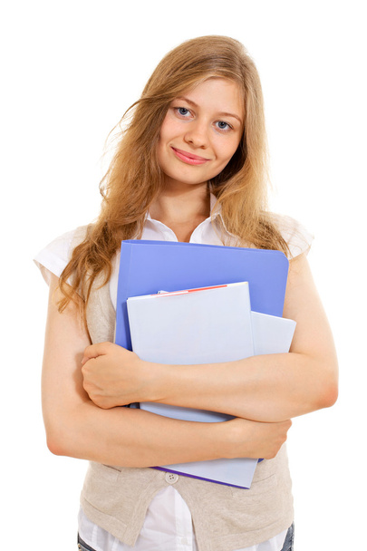 Pretty student with folders and books - 写真・画像