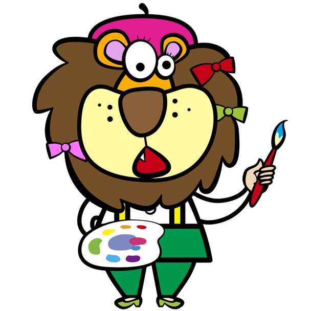 cartoon lion artist with paintbrush and palette - Vektori, kuva