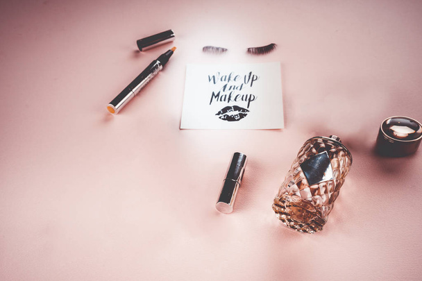 makeup tools on a pink background - Photo, Image