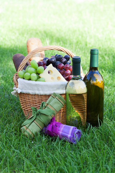 Cesta de picnic al aire libre con vino en el césped
 - Foto, Imagen