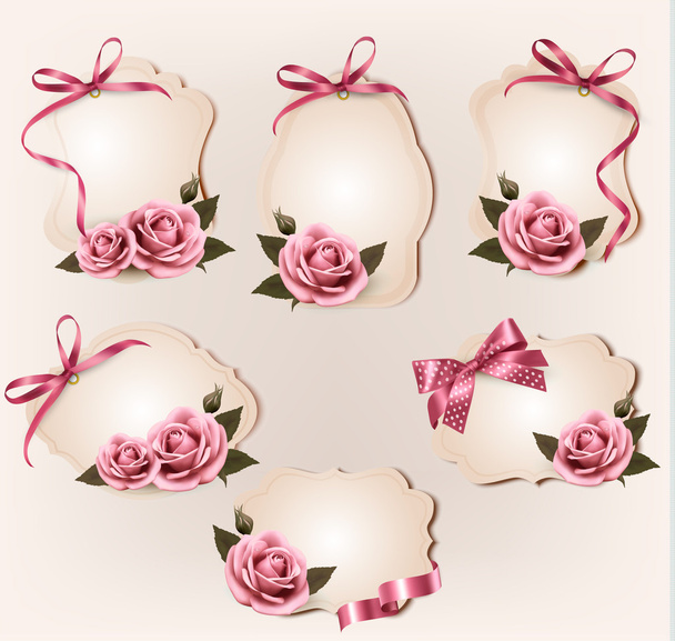 Set of beautiful retro labels with pink rose and gift bows. Vect - Vektör, Görsel