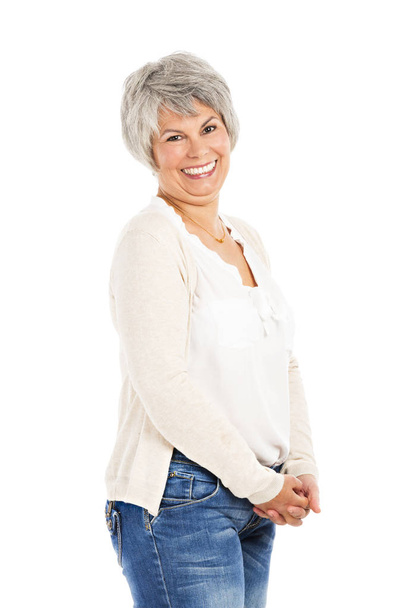 Happy elderly woman smiling, isolated on white background - Fotografie, Obrázek