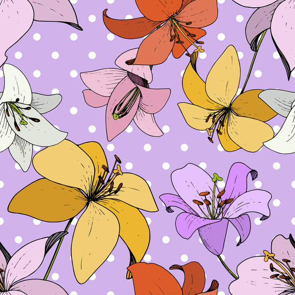 Vector Lily Fleur botanique florale. Encre gravée en noir et blanc. Modèle de fond sans couture
. - Vecteur, image