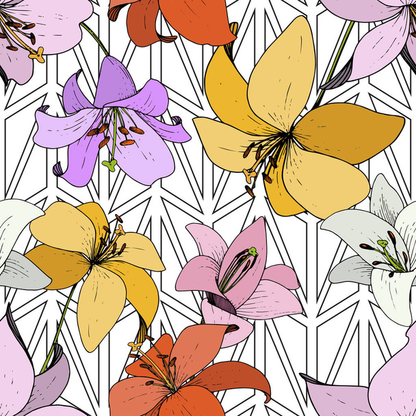 Vector Lily Floral botanical flower. Black and white engraved ink art. Seamless background pattern. - ベクター画像