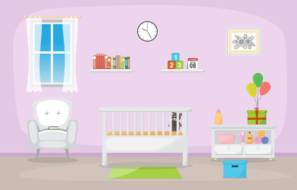 Projeto liso da mobília interior da sala do quarto das crianças da criança do bebê
 - Vetor, Imagem
