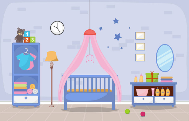 Baby Toddler Детская спальня Интерьер комнаты Мебель Плоский дизайн
 - Вектор,изображение