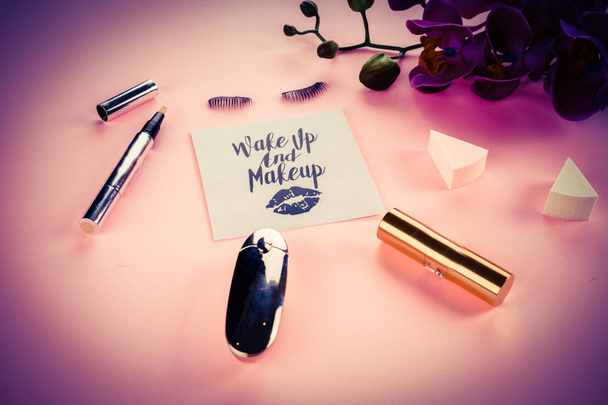 Various makeup products on pink background - Photo, Image