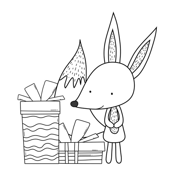 lindo y pequeño zorro con caja de regalo
 - Vector, imagen