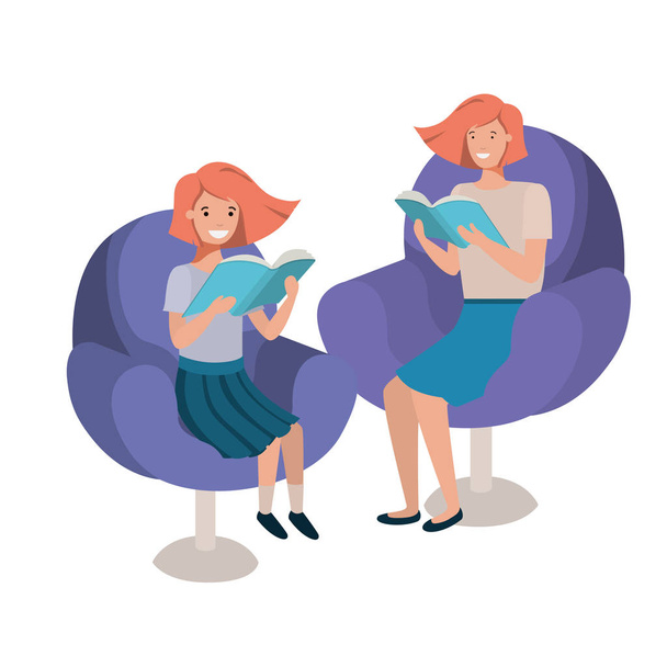 kobiety siedzące na kanapie z awatarem książkowym - Wektor, obraz