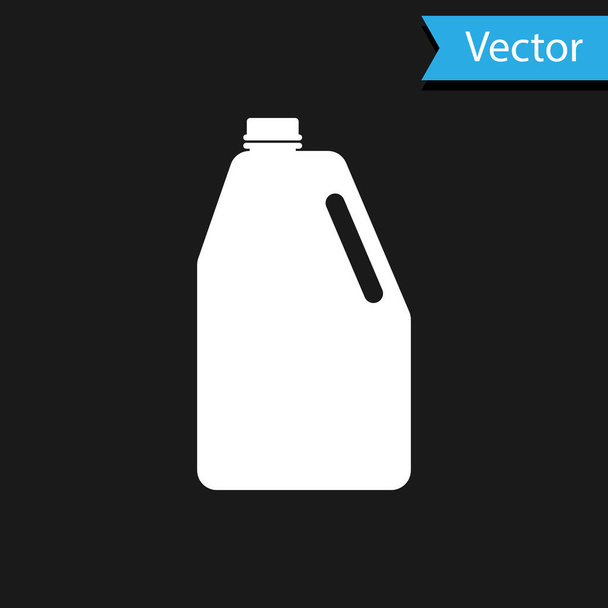 Bílá Domácí chemikálie prázdné plastové láhve ikony izolované na černém pozadí. Kapalné prací prostředky nebo mýdlo, odstraňovač skvrn, bělidlo prádla. Vektorová ilustrace - Vektor, obrázek