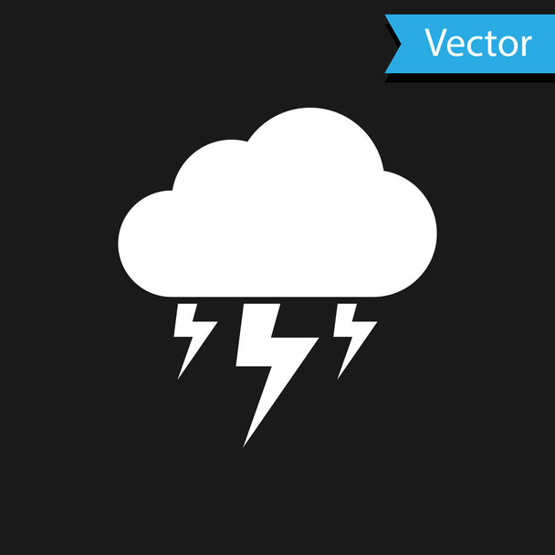 Fehér Vihar ikon elszigetelt fekete háttérrel. Felhő és villám jel. A vihar időjárási jelképe. Vektorillusztráció - Vektor, kép