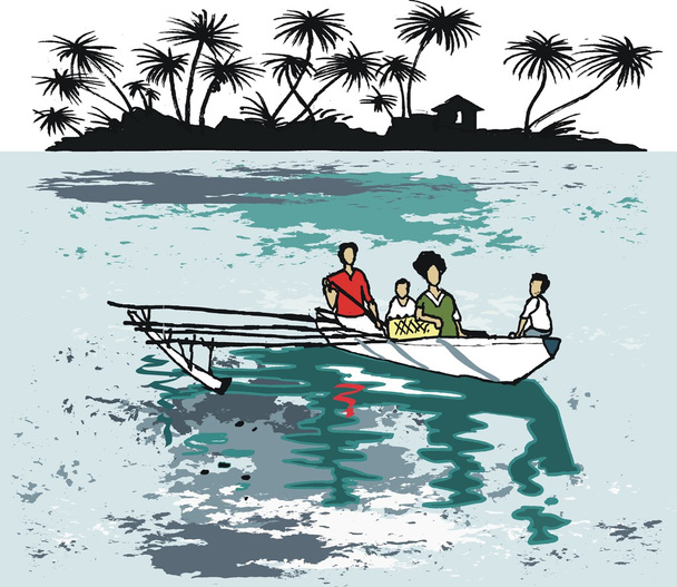 vectorillustratie van Zuid-Pacifisch inboorlingen in outrigger kano - Vector, afbeelding