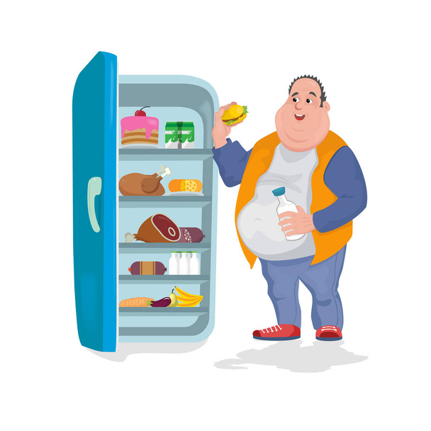 A kövér ember eszik egy hamburgert egy nyitott hűtőszekrény, amelyben számos élelmiszer - Vektor, kép