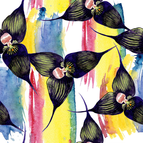 schwarze orchideenblütige botanische Blüten. Aquarell Hintergrundillustration Set. nahtloses Hintergrundmuster. - Foto, Bild