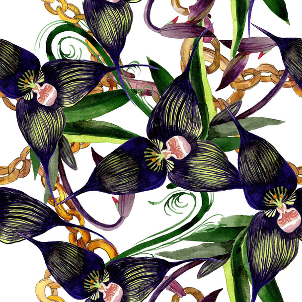 Black orchid floral botanical flowers. Watercolor background illustration set. Seamless background pattern. - Photo, Image