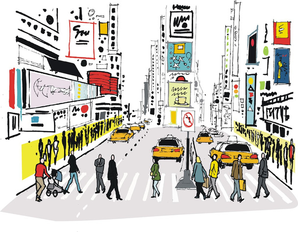 Ilustracja wektorowa pieszych przekraczania drogi w czasie kwadrat, Nowy Jork - Wektor, obraz