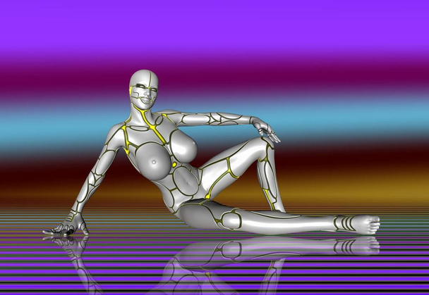 3D robot girl sitting. - Zdjęcie, obraz