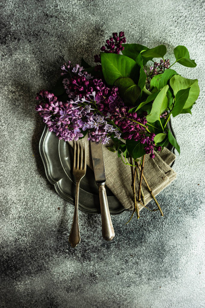 Spring table setting with lilac - Zdjęcie, obraz