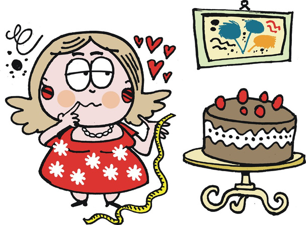 Vector de dibujos animados de mujer con sobrepeso mirando pastel de chocolate
 - Vector, Imagen