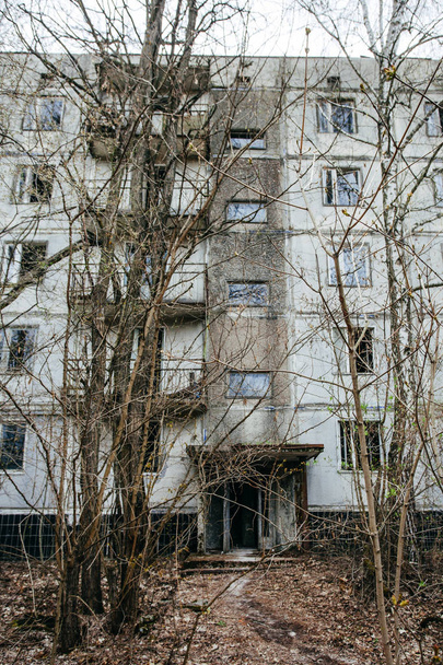 Un edificio abandonado cubierto de árboles en Pripyat, la zona de Chernobyl
 - Foto, imagen