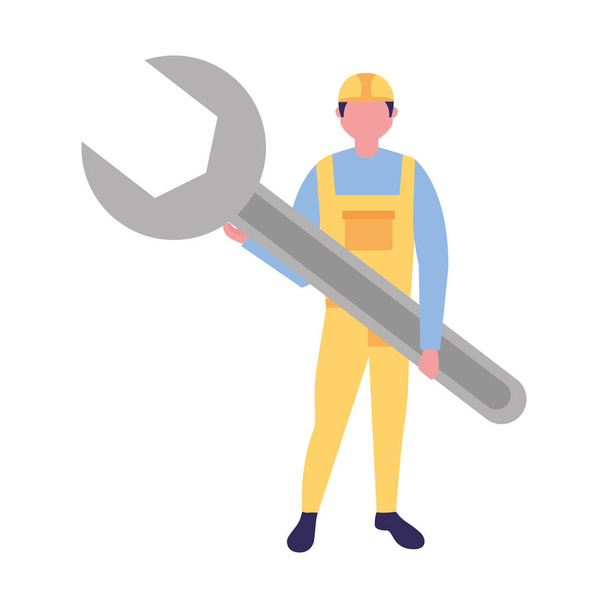 οικοδόμος άνθρωπος κρατώντας κλειδί εργαλείο - Διάνυσμα, εικόνα
