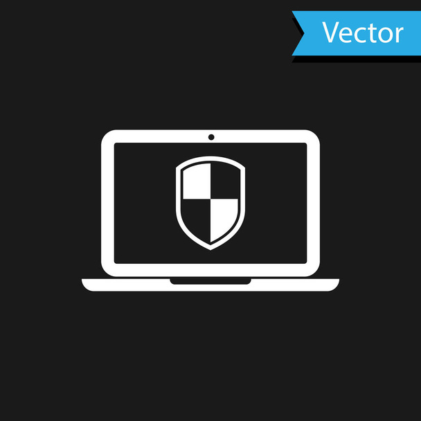 White Laptop protected with shield symbol icon isolated on black background. Internet security concept. PC security, firewall technology, privacy safety. Vector Illustration - Vector, Image