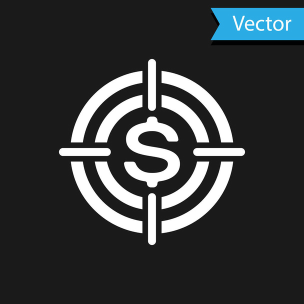 Target bianco con icona simbolo dollaro isolato su sfondo nero. Icona dell'obiettivo di investimento. Concetto aziendale di successo. Denaro o contanti. Illustrazione vettoriale
 - Vettoriali, immagini