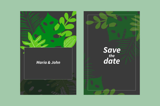 свадебные приглашения с тропическими листьями
 - Вектор,изображение
