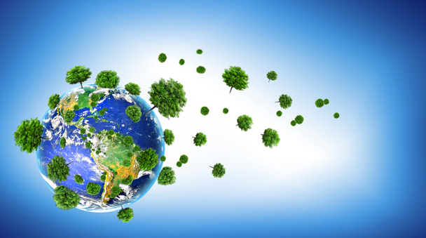 Экологическая концепция окружающей среды с выращиванием деревьев. Планета Земля. Физический глобус Земли. Элементы этого изображения предоставлены НАСА. 3D иллюстрация
 - Фото, изображение