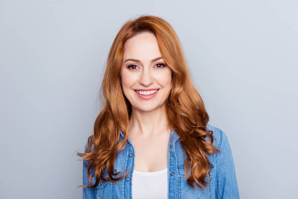 Close up photo beautiful amazing she her lady show perfect ideal teeth sincere kind self-confident easy-going listening great good news wear casual blue jeans denim shirt isolated grey background - Foto, Imagem