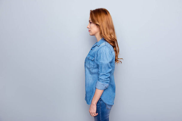 Close up side profile photo beautiful amazing she her lady look wondered sincere kind self-confident contemplation think over like zombie wear casual blue jeans denim shirt isolated grey background - Photo, Image