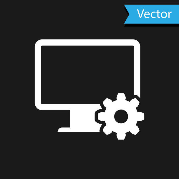 White Computer monitor and gear icon isolated on black background. Adjusting app, setting options, maintenance, repair, fixing monitor concepts. Vector Illustration - Vektor, kép