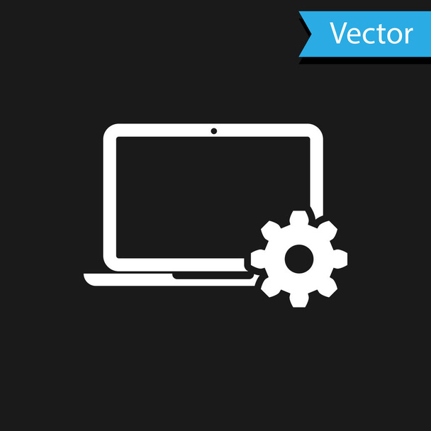 White Laptop and gear icon on black background. Laptop service concept. Adjusting app, setting options, maintenance, repair, fixing laptop concepts. Vector Illustration - Vector, Image