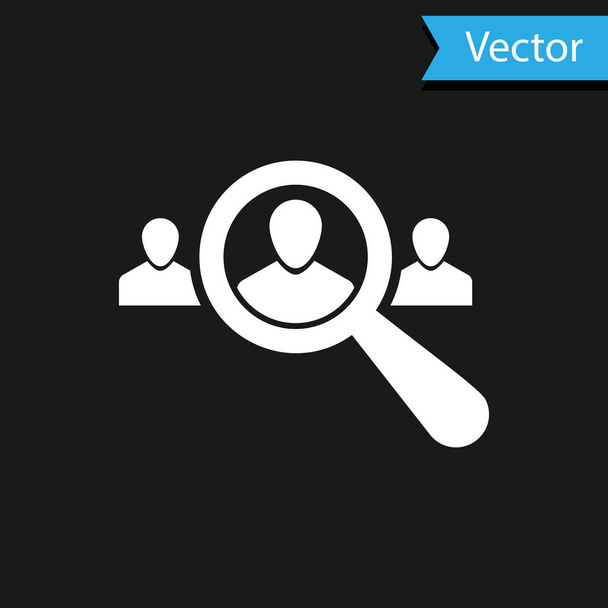 White Magnifying glass for search a people icon on black background. Recruitment or selection concept. Search for employees and job, human resource. Vector Illustration - Vector, Image