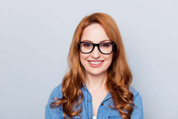 Close up photo beautiful amazing she her lady teacher smart clever intelligent white perfect ideal teeth businesspeople assistant wear specs casual blue jeans denim shirt isolated grey background - Fotoğraf, Görsel