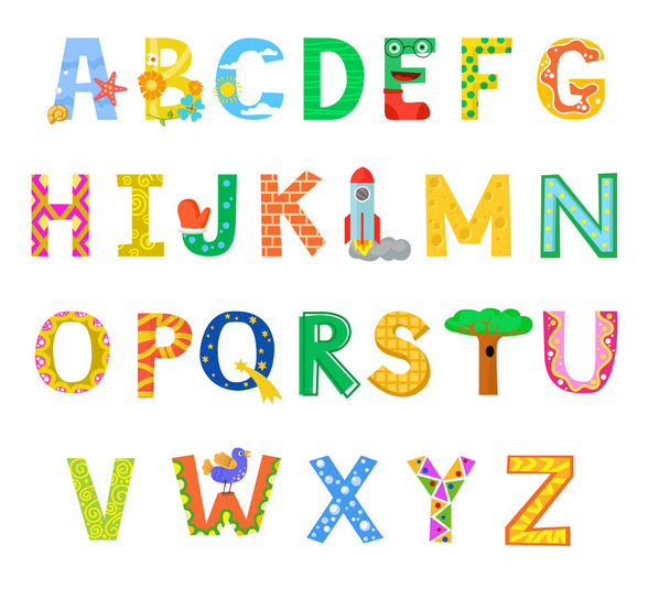 Çocuklar için sevimli renkli karikatür alfabesi. Vektör - Vektör, Görsel