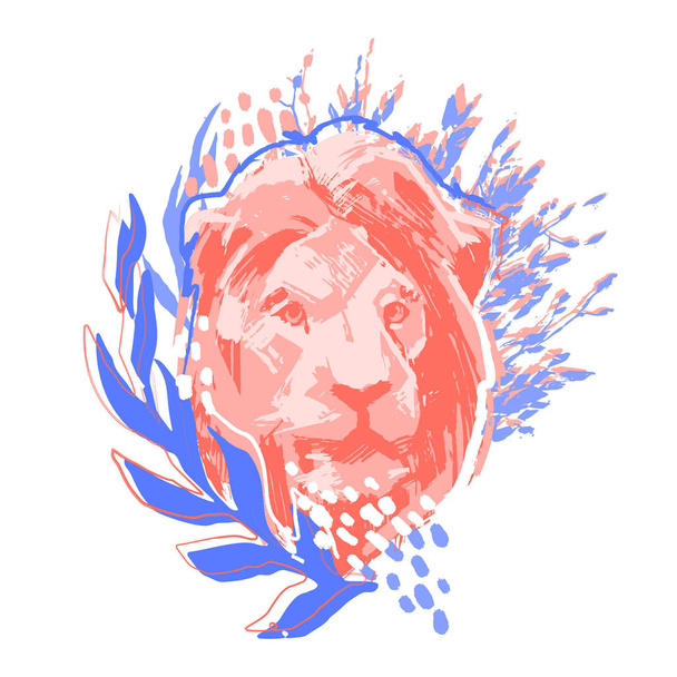 Testa di leone maschile decorata con foglie e cespugli astratti
. - Vettoriali, immagini