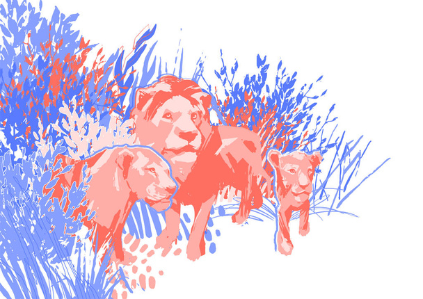 Familia de tres leones entre la hierba y los arbustos
 - Vector, Imagen