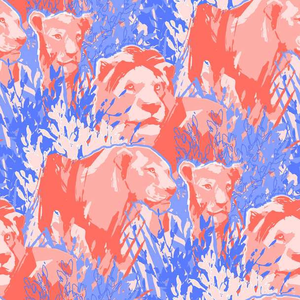 Seamless pattern of lion pride among the grass and bushes - Vector, Image