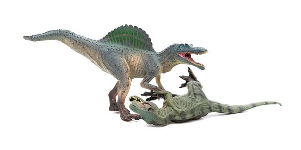 Spinosaurus vecht met Tyrannosaurus op een witte achtergrond - Foto, afbeelding