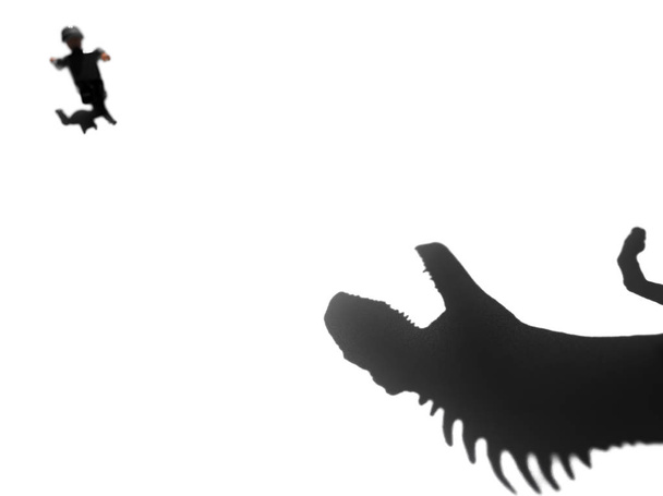stín Allosaura, který pronásleduje člověka bez loga nebo ochranné známky - Fotografie, Obrázek