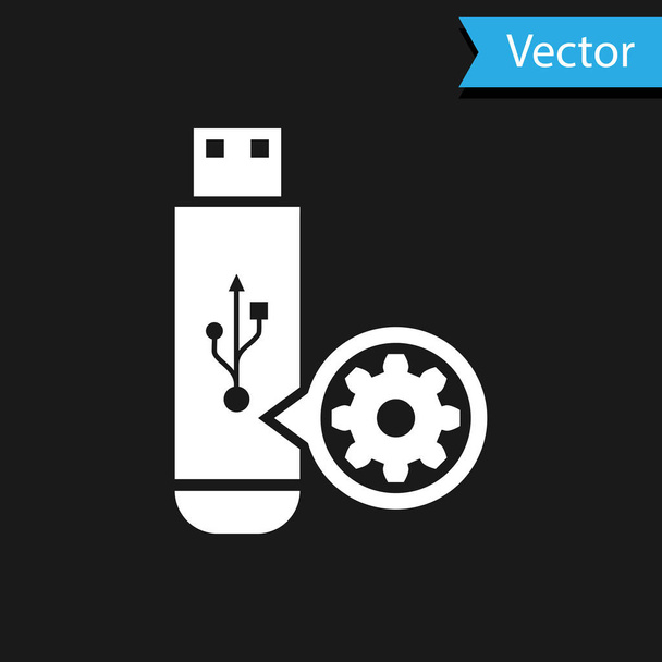 White USB flash drive and gear icon isolated on black background. Adjusting app, service concept, setting options, maintenance, repair, fixing. Vector Illustration - Vector, Image